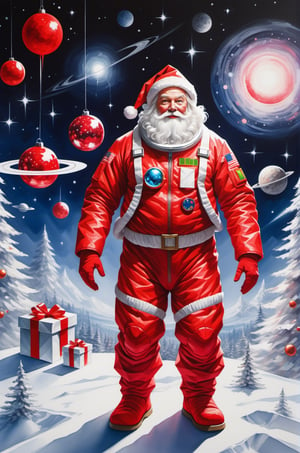 ("Merry Christmas" text logo: 1.3), Origami, dripping paint, ((Santa wearing red space-suits)) venturing into outer space to deliver presents to Aliens, full body portrait, wide scale lens, Text, aw0k magnstyle, ((Masterpiece))), Best Quality, light red painting, starry skies, (White background: 1.1), detailmaster2,Movie Still