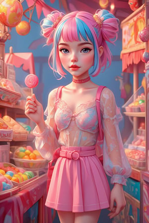 Masterpiece, professional, award-winning, intricate details, ultra high detailed, 64k, dramatic light, volumetric light, create a young woman with playful pink and blue hair styled in twin buns stands in a vibrant, candy-themed market. She wears a sheer, ruffled top and a matching pink skirt, holding a colorful lollipop. The background is filled with candy displays and ornamental decorations, bathed in warm, soft light, creating a cheerful and whimsical atmosphere,ek_art_b00ster,anime,illustrated,Color