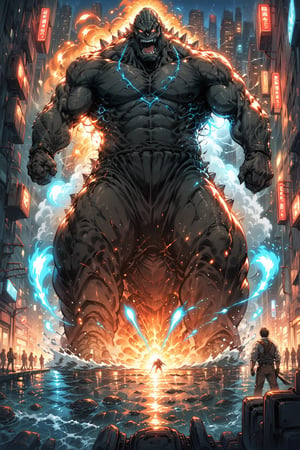 score_9, score_8_up, score_7_up, (best quality, masterpiece:1.2), Flat coating,Vector illustration, Rich details, Angry super giant Godzilla in the city looking down at the city below, ((The dorsal fin is filled with blue energy)), ((glow effect)), Huge waves hit the city, explode, Red light soars into the sky, Broken and collapsed building, standing, water, stone, exposed steel bars, electric spark, Aerial viewing angle, colorful, Rescue helicopters, depth of field, Movie lighting, Super detailed, Hojo Tsukasa manga style,Comic city hunter style,more detail XL,Movie Still