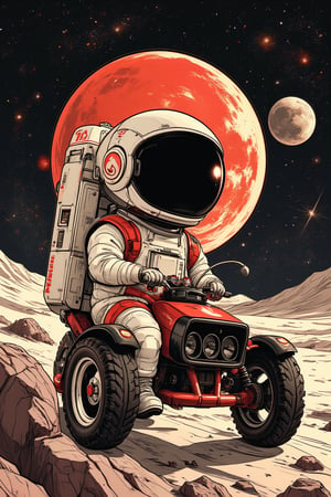 Masterpiece, professional, award-winning, intricate details, ultra high detailed, concept art, Vector Art, aesthetic, Vector Cartoon Illustration, vector, complex details. a cute futuristic astronaut with large helmet and small body. Cartoon hand drawn style, A cute version image with great visual impact, The details are vividly portrayed, Wearing a black visor, Wearing a crisp white suit with red shoulder straps, Cute hero riding a Three-wheeled vehicle with large grippy tires, Exploring the lunar surface, The background shows a stunning galaxy, Filled with stars and cosmic wonders, The palette is red, Orange and black shades, With a rough style, The background should have a simple hand-drawn doodle pattern. a character with digital artwork, bright colors, bold outlines, illustrative, highly detailed,ek_art_b00ster,anime,illustrated,myvectorillustrations