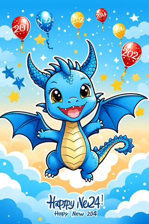 chibi, perfect-composition, Perfect pictorial composition, New Year theme, Hand-drawn simple illustration of a cute Blue Dragon soaring into sky, vector, full frame, out-zoom, Generate a banner with the text “Happy New Year 2024”,text logo,Text