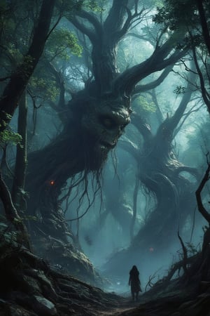 Masterpiece, professional, award-winning, intricate details, ultra high detailed, 64k, dramatic light, volumetric light, Enigmatic, mist-shrouded forest with ancient spirits and mystical fog, supernatural being, photorealistic, magical, ethereal, mystical beings, atmospheric allure, enshrouded beauty, haunting ambiance:1.1, twisted roots, whispered secrets, hidden groves, elusive presence, mythical guardians, mystical tranquility, 8k,ek_art_b00ster,anime,illustrated,