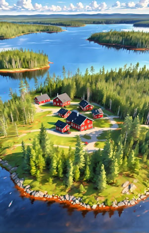 (Best quality at best, 4K, 8K, A high resolution:1.2), 4k,intricate detail,wallpaper,(masterpiece:1.5),absurdres,high resolution,sharp focus,depth of field,ray tracing,spectacular,more_details, sunshine, windy, bright colors, rich palette, Finland lakes, multiple small islands with picturesque houses, lush nature, pine forest, view from above,detailed_background,