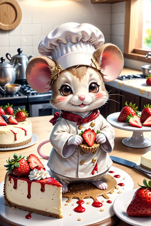 chibi, perfect-composition, Perfect pictorial composition, Creative poster, Cute, (mouse dressed as a chief), (mouse as chef), (Decorating a Really Delicious Cheesecake), (Cream cheese cake with strawberries), (messy table), (There are pieces of cheese scattered around.), (Best Quality:1.2), (Ultra-detailed), (Photorealistic:1.37), (HDR), (Vivid colors), (portrait of a), (Warm and bright color tones), (Soft diffuse lighting),food 