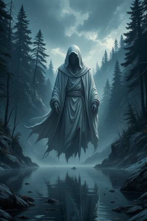 Masterpiece, professional, award-winning, intricate details, ultra high detailed, 64k, dramatic light, volumetric light, Create full body image of phantom, hood, torn cloak, faceless, nature, forest, night, fog, night sky, floting above lake, solo, no humans, floating, white clothes, Showcasing incredible texture and detail. Rendered in high-quality, super-detailed textures. Meticulously illustrated. Adds eerie atmosphere in the image, 8k, ek_art_b00ster,anime,illustrated,FluxBoost,phantom of vampire