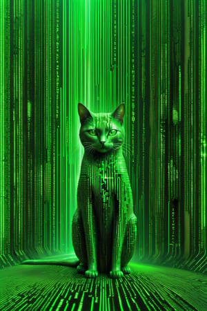 high quality, 8K Ultra HD, Imagine a vibrant canvas illuminated by a cascade of green binary code, forming a silhouette of a sitting cat, dynamic lines and patterns similar to the matrix, Alphabet Rain in the Matrix, vertical lines of green matrix code