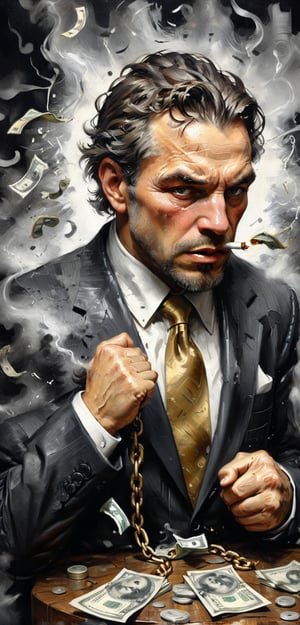 Best quality, Masterpiece, Ultra High Resolution, (Realistic:1.37), Man fighting money, Oil Painting, Harsh brush strokes, Dramatic Lighting, intense expression, Determined eyes, hold fists, sweat dripping down his face, Wrinkled suit, broken chains, Crumbling dollar bills, Crumbling Stock Market Graph, Smoke rises in the background, Black and white with a touch of gold, Realism. (Best Quality, hight resolution, Ultra-detailed), (Realistic:1.37), Professional, Vivid colors. highly detailed, lifelike, photorealistic, (extremely detailed CG unity 8k walpaper), artstation, illustration, smooth, sharp focus, trending CGSociety, by midjourney, art style of Krenz Cushart and Artem Demura and Alphonse Mucha, (midjourney style),highly detailed, lifelike, photorealistic, score_9,score_8_up,score_7_up,inkpunk three colors only,oil painting