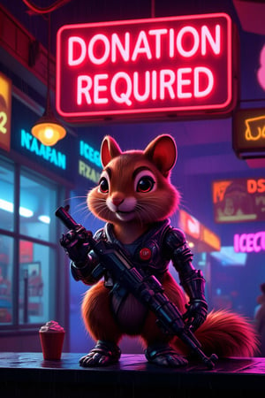 3d, Movie poster, large neon sign in the center reads "Donation Required", masterpiece, 4k, 8k, high quality, high detail, concept art, cybernetic cute chipmunk, red eyes. neon glow, robot chipmunk, one hand holding an AK, one foot metal, looking at the viewer, standing on the bar of a icecream shop, highly detailed, cyberpunk scene, rain falling, neon lights,