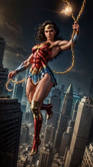 Generate a rough oil painting of Wonder Woman gracefully ((swinging through the gaps between skyscrapers)) (at night), ((flying)), using her ((Lasso of Truth)) like Spider-Man. The golden glow emanating from the Lasso of Truth illuminates the scene like fluorescent lights. Capture her in a dynamic and stylish pose, reminiscent of Frank Miller's Sin City style. (field of depths,boheh backdrop),wonder_woman,artgerm,semi-realistic,Anime,highres,masterpiece