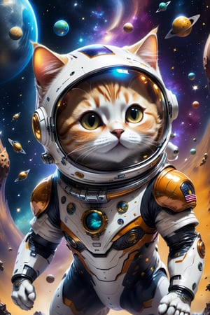 Cartoon cat flying over the stars in a spacesuit, Space cat, Cat in space, astronaut cat, kittens in outer space, anime cat, Cute detailed digital art, adorable digital art, anime visual of a cute cat, lovely digital painting, cat summoning a spaceship, Kawaii cat, cat summoning a spaceship, cat from the void, Amazing wallpapers, In space（wearing spacesuit,Transparent helmet,robotic hand） Edge lights, [smog], [hazed out], natural  lightting, shallow depth of field, Shot on a Canon EOS-1D X Mark III, 50mm lens, f / 2.8, (intricately details, ultra - detailed),((RAW color)), Clear focus, hdr, 4K resolution, cinematic movie
