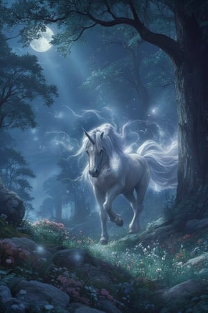 Masterpiece, professional, award-winning, intricate details, ultra high detailed, 64k, dramatic light, volumetric light, Enchanting, moonlit glade with a gentle unicorn and shimmering will-o'-the-wisps, realistic, magical, mystical creatures, idyllic, serene, ethereal, (mythical presence:1.4), wildflowers, moonbeams, ancient trees, soft glow, harmonious realm, tranquil beauty, 8k,ek_art_b00ster,anime,illustrated,