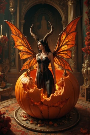 Masterpiece, professional, award-winning, intricate details, ultra high detailed, 64k, dramatic light, volumetric light, create an image of a carving of a female vamphire standing inside a large pumpkin, (miniature full body shot), Beautiful long-haired vamphire woman with a tight black dress, succubus, demonic clothing, portrait of a goth, demon in the room, room, beautiful woman, demoncore clothes, fashionable dark demon, gothic clothing, wearing gothic accessories, wearing a gothic dress, demon, succubus, 16k, Orange,detailed background, on the plate on the dining table, Fruit carving, food engraving, three-dimensional engraving, food sculpture design, close_up, rotated, rococo style, Classicism, depth of field, UHD, masterpiece, acurate, super detail, high details, high quality, best quality, highres, 16k, soft lighting, photorealistic, realistic shadows. Showcasing incredible texture and detail. Rendered in high-quality, super-detailed textures. Meticulously illustrated. Adds creepy atmosphere in the image, 8k,ek_art_b00ster,anime,illustrated,Enhanced all