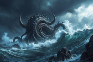 Masterpiece, professional, award-winning, intricate details, ultra high detailed, 64k, dramatic light, volumetric light, Legendary, horned kraken emerging from the depths of a stormy sea, high-quality, mythical creature, supernatural being, menacing, maritime, tentacles, mythical beast, tumultuous waters:0.9, shipwreck, colossal size, swirling tempest, seafaring legends, formidable presence, nautical chaos, 8k,ek_art_b00ster,anime,illustrated,