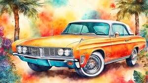 A scene of a classic car from the 60's T shirt design, watercolor, intricate detail, retro style, bright colors, light background, hand-drawn, 4K resolution, centered