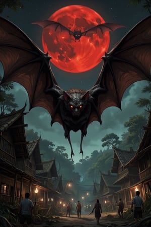 Masterpiece, professional, award-winning, intricate details, ultra high detailed, 64k, dramatic light, volumetric light, create an image of  a detailed giant black bat flying in a Filipino jungle with Kubo made of small houses with bamboo barricades. Under the Red moonlight, Bat attacking filipino people in white long sleeve shirts and holding big knives to attack creature who would emerge from the shadows to capture innocent souls. The giant black bat in the sky with red eyes and has two flapping wings to capture innocent souls. Showcasing incredible texture and detail. Rendered in high-quality, super-detailed textures. Meticulously illustrated. Adds ominous atmosphere in the image, 8k,