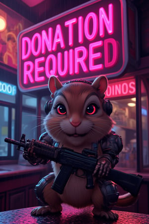 3d, Movie poster, large neon sign in the center reads "Donation Required", masterpiece, 4k, 8k, high quality, high detail, concept art, cybernetic cute chipmunk, red eyes. neon glow, robot chipmunk, one hand holding an AK, one foot metal, looking at the viewer, standing on the bar of a icecream shop, highly detailed, cyberpunk scene, rain falling, neon lights,