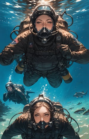 score_9, score_8_up, score_7_up, (Fidelity:1.2), (best quality, 4k, 8k, highres, masterpiece:1.2), ultra-detailed, (realistic), diving, 3divers, deep underwater, us navy, secret mission, group of military divers, military scuba diving suits, concept art, Best quality, Ultra High Resolution,l4rg33y3s