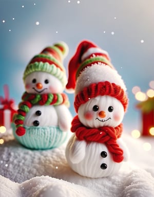 a detailed view photo of Little snowmen knitted on soft snow on the background of Christmas decorations,w00len