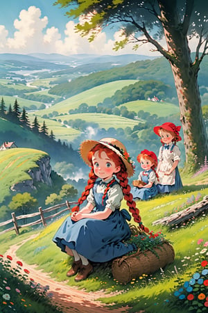 (masterpiece, best quality),from side, 1girl, solo, After searching for hours, They find a Anne (Green Gables)), Red-haired girl, With a wide-brim straw hat, two long red braids, Curious big eyes, Innocent, Joyful look, wear a floral pioneer dress with an apron,sitting on a branch sticking out of a hill,Anime,Enhanced All,ghibli,illustrator