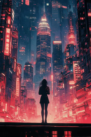 Create a masterpiece illustration of a single woman standing in front of a sleek, art-deco inspired cityscape at night. The background is a retro-futuristic metropolis with neon lights and towering skyscrapers, set against a flat, clean color palette. The subject's pose exudes confidence and strength, with her arms crossed and legs shoulder-width apart. Use the cyberpunk CCDDA art style to bring this futuristic world to life in stunning 4K resolution, with very detailed RAW photos capturing every intricate aspect.