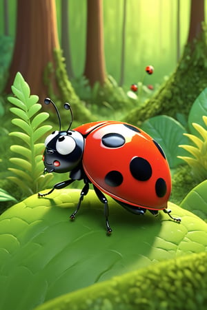 (Best quality, ultra detailed, masterpiece), Curious ladybug in the forest, 3d illustration,disney cartoon