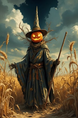 Masterpiece, professional, award-winning, intricate details, ultra high detailed, 64k, dramatic light, volumetric light, Create full body image of an anime features of a scarecrow wizard who has a pumpkin head and is a character from a medieval RPG. Standing in a decayed wheat field. Showcasing incredible texture and detail. Rendered in high-quality, super-detailed textures. Meticulously illustrated. Adds ominous atmosphere in the image, 8k, ek_art_b00ster,anime,illustrated,FluxBoost,myvectorillustrations