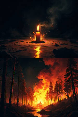 Masterpiece, professional, award-winning, intricate details, ultra high detailed, 64k, dramatic light, volumetric light, Create an image of a small flickering candle in a dark room is blown out by a gust of wind, symbolizing weakness. In contrast, a raging forest fire is shown in the next scene, with the same wind making the fire even stronger and more intense, symbolizing strength and perseverance against challenges. Showcasing incredible texture and detail. Rendered in high-quality, super-detailed textures. Meticulously illustrated. Adds ominous atmosphere in the image, 8k, ek_art_b00ster,anime,illustrated,FluxBoost,myvectorillustrations