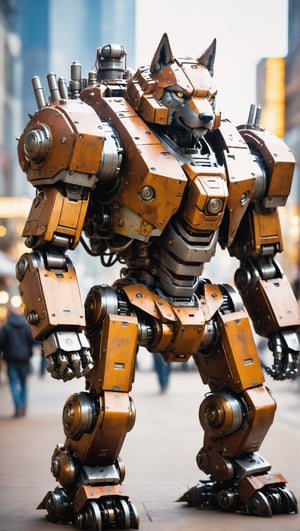 A huge mech in the shape of a huge wolf king, perfect eyes, wearing a worn-out mech suit, ((shallow bokeh)), complex, (steel metal [rust]), elegant, sharp focus, soft lighting, bright colors, masterpiece, (street)), cowboy shot, dynamic pose, DieselPunkAI