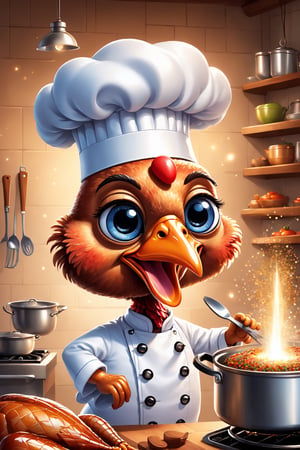 perfect-composition, Perfect pictorial composition, Brand advertising, Creative poster, Cute Anthropomorphic turkey chef is cooking roasted turkey, Made by Pixar, pixar style, 3d Rendering, Focus sharp, Fluffy, fantasy engine, 5 quality rendering, 3d Rendering, furry art, cartoon artstyle, cute cartoon style, Cute art style, Cartoon style, Cartoon style illustration, Digital art of cartoons, Cute digital art, Cute anime , Chibi, an anime drawing, pop-art, Cartoon style illustration, Head large, kawaii eyes, Glitter eyes, Sparkling eyes, kawaii faces, Innocent face,