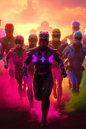 Masterpiece, professional, award-winning, intricate details, ultra high detailed, 64k, dramatic light, volumetric light, dynamic lighting, Solo, A brave and courageous image of a 6 member ranger team, Each one is decorated in vibrant colors. red is front of center, violet, Green, yellow, blue black, white,. Dynamic poses in a background that exudes energy and courage, neon, fire, plasma, Fluorescent, shocking, pink big bomber, splashing pink, running, fighting pose, action pose, Embodying the essence of the classic Sentai superhero team. Each Rangers attire is sophisticated and modern, Each color has elements that reflect its theme., Ready for action. In sunset background, in cinematic lighting, cover art mixed cinema poster style, realistic lighting and shading, vivid, vibrant, unreal engine, concept art,disney style,lucy_flux