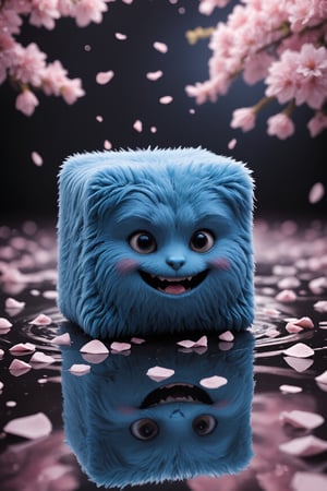 Masterpiece, professional, award-winning, intricate details, ultra high detailed, 64k, dramatic light, volumetric light, Cute TenTen blue cube mascot with lustful smirking smile face, looking at viewer, sitting on the surface of the water, with realistic cherry blossom effects. high quality, realistic lighting, professional photos, very detailed and sharp focus, crazy details, intricate details, very detailed and bright cinema lighting, surrounded by cherry blossom petals flying gently around tenten, Anime, 3D CGI, Pixar Art