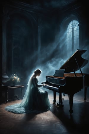 a haunting and ethereal digital painting of a ghostly figure playing a melancholic melody on a grand piano, surrounded by an enchanted audience entranced by the music, oblivious to the dark and eerie surroundings. The ghostly figure is partially transparent, emitting a soft glow, with flowing ethereal robes. The grand piano is intricately detailed, with delicate looks and a weathered appearance. The composition is dynamic and atmospheric, with muted colors and dramatic lighting, evoking a sense of mystery and foreboding. Inspired by the works of classical painters like Caspar David Friedrich, this artwork captures the captivating and haunting nature of the scene. Created using digital painting techniques and rendered with realistic textures and lighting effects for a stunning and immersive visual experience.