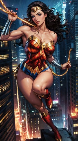 Generate a rough oil painting of Wonder Woman gracefully ((swinging through the gaps between skyscrapers)) (at night), ((flying)), using her ((Lasso of Truth)) like Spider-Man. The golden glow emanating from the Lasso of Truth illuminates the scene like fluorescent lights. Capture her in a dynamic and stylish pose, reminiscent of Frank Miller's Sin City style. (field of depths,boheh backdrop),wonder_woman,artgerm,semi-realistic,Anime,highres