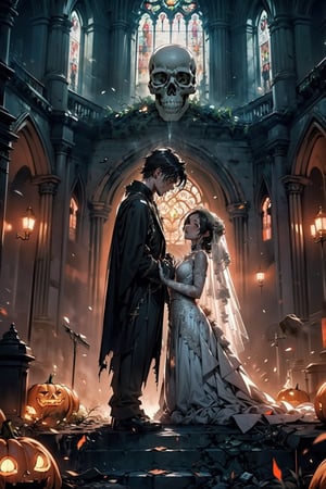 in the ruins of a gothic style church, the sacrament of marriage is being carried out between the bride and groom led by a priest, 2boys, 1girl (1girl bride, zombie, grayish-blue skin, long black hair, bare shoulders, torn wedding dress, torn bridal veil, torn elbow gloves.) (1boy groom, zombie, grayish-blue skin, torn black suit.) (1boy priest, jack-o-lantern head, skull, priest robe, priest outfits, raise hands.) Altar, skull, candel, green fire, black rose, ((ultra-detailed)), ((high resolution)), ((extremely detailed)), ((8k)), ((Detailed Scenery)), nightmare_night,more detail,midjourney,better_hands,hands