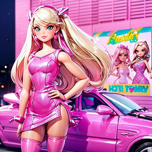 (masterpiece,best quality:1.2), 1girl, 3d render, light blonde hair, middle length hair, blight blue eyes, (((wearing detailed hot pink tight dress:1.5)), pink sparkles, sprinkles, barbie pink color theme, barbie dolls house background, convertible pink cadillac parked on street, depth of field, daytime, ,3DMM,barbie