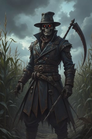 Masterpiece, professional, award-winning, intricate details, ultra high detailed, 64k, dramatic light, volumetric light, best quality, highres, ultra-detailed, (realistic:1.37),dark soul boss style ,skull face, Lovecraftian horror style, haunted corn field background, scythe weapon, glowing red eyes, Scarecrow outfit with rugged clothes and hat, energy cracking around body, battle aura, bloodstained, dynamic lighting, ominous atmosphere, grim and desolate, creepy fog, unsettling shadows, weathered scarecrows, distorted landscapes, haunting whispers, ominous sky, ominous storm brewing, lingering sense of darkness, ominous runes, mystery and suspense, brutal and intense, dread and fear, gothic elements, oppressive silence, menacing presence, horror-filled ambiance, dark and tormented souls, sinister energy, evoking a sense of doom, nightmare-infused reality. Showcasing incredible texture and detail. Rendered in high-quality, super-detailed textures. Meticulously illustrated, 8k,anime,illustrated,Enhanced all,