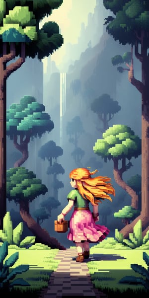 Pixel-Art Adventure featuring a Girl: Pixelated girl character, vibrant 8-bit environment, reminiscent of classic games,pixel style