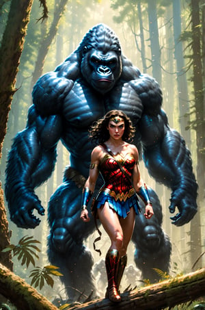 masterpiece, best quality, [detailed], [intricate], digital painting, a toned athlete muscular Wonder Woman with blue eyes in costume, picture with a big and scary gorilla, woman is serious, afraid, forest,RAW photography, best quality, masterpiece, extremely delicate and beautiful, extremely detailed, CG, unit, 8k wallpaper, amazing detailed, finely detailed, masterpiece, best quality, official art, extremely detailed CG unit 8k wallpaper, ultra-detailed, high resolution,  extremely detailed, sharp, focused, (best quality), (realistic, photorealistic: 1.6), 8k, soft lighting, high quality, cinematic lighting, 1 girl, centered, full body (african model),sparkling eyes, taming a gorilla, [WH40K], [highres], [absurdres], [sharp focus], bokeh, realistic shadows, lithograph by John William Waterhouse and Kyoto animation and Yoshitaka Amano and Frank Frazetta,painting by jakub rozalski