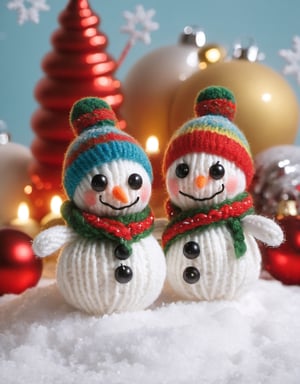 a detailed view photo of Little snowmen knitted on soft snow on the background of Christmas decorations,w00len,Leonardo style 