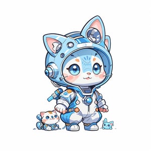 cartoon silver tabby cat in a blue spacesuit, blue Helmet, centered, full body, no_humans, Depth of field, ((empty background)), ((whitebackground)), (kawaii:1.3), (anime:1.4), cute, round eyes, (8K, RAW photo, Best quality, masterpiece:1.2),  Logo, vector, Line graphics, design, inspiration, straight line, symmetry