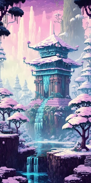 beautiful and magic snowy forest, full of various flowers, (ancient deceased giant robot:1.3), multiple different animals and birds, waterfall, architecture, art nouveau, temple, tech, neon colors, HLD style, pixel art