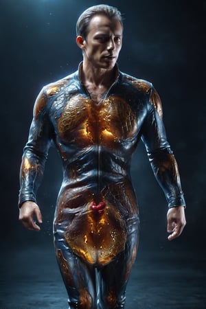 (super clear picture quality:1.8), masterpiece, best quality,
ultra-realistic mix fantasy, a man ((wearing an unzipped open leather jacket, vertical unzipped body, revealing an inner honeycomb pattern and a heart made of honeycomb:4)), symmetrical, Photorealistic, Hyperrealistic, Hyperdetailed, analog style, detailed skin, matte skin, soft lighting, subsurface scattering, realistic, heavy shadow, masterpiece, best quality, ultra realistic, 8k, golden ratio, Intricate, High Detail, film photography, soft focus in the style of dark azure and light azure, mixes realistic and fantastical elements, vibrant manga, uhd image, glassy translucence, vibrant illustrations, ultra realistic, mysterious, fantasy, very detailed, high resolution, sharp, sharp image, 4k, 8k, masterpiece, best quality, magic effect, (high contrast:1.4), dream art, diamond, mysterious colorful background, dark blue themes, real, holographic, holographic metal, machine, seethrough, glass art, magical holographic glow,xray,tranzp