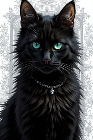 Masterpiece, professional, award-winning, intricate details, ultra high detailed, 64k, dramatic light, volumetric light, create a realistic and cute comic style sleek black cat with piercing emerald eyes and a  pink nose. Her fur is styled in loose, flowing waves, and she wears a delicate silver necklace with a tiny crystal pendant. Showcasing incredible texture and detail. Rendered in high-quality, super-detailed textures. Meticulously illustrated. The white filigree background adds to the ominous atmosphere, 8k,ek_art_b00ster,anime,illustrated,Enhanced all