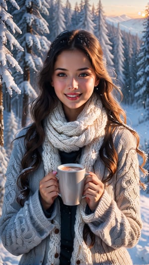 (best quality, 4k, 8k, highres, masterpiece:1.2),ultra-detailed,(realistic,photorealistic,photo-realistic:1.37),illustration,portrait,colorful,bright lighting, winter theme,snowy landscape, a beautiful girl with long black hair, warm winter clothing, snowflakes falling gently on her face, rosy cheeks, 
sparkling eyes, a feeling of tranquility and serenity, capturing the essence of winter season. a charming smile, holding a cup of hot cocoa, steaming hot, a cozy knitted scarf around her neck, a snowy forest in the background, with tall pine trees covered in snow, the sunlight casting a soft golden glow, a touch of frost on the branches, the girl's breath visible in the cold air, 
a feeling of tranquility and serenity, capturing the essence of winter season,detailmaster2