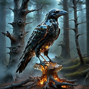 ((masterpiece)), ((best quality)), 8k, high detailed, ultra-detailed,(sleek stealth), ((Mechanical realistic black Raven:1.5)), High mountain,(perching on old dead tree),(Deep forest:1.5),(Mechanical parts:1.3), Skeletonized body,(transparent:1.5) ,c1bo