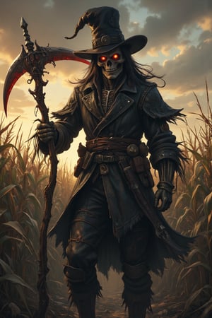 Masterpiece, professional, award-winning, intricate details, ultra high detailed, 64k, dramatic light, volumetric light, best quality, highres, ultra-detailed, (realistic:1.37),dark soul boss style ,skull face, Lovecraftian horror style, haunted corn field background, scythe weapon, glowing red eyes, Scarecrow outfit with rugged clothes and hat, energy cracking around body, battle aura, bloodstained, dynamic lighting, ominous atmosphere, grim and desolate, creepy fog, unsettling shadows, weathered scarecrows, distorted landscapes, haunting whispers, ominous sky, ominous storm brewing, lingering sense of darkness, ominous runes, mystery and suspense, brutal and intense, dread and fear, gothic elements, oppressive silence, menacing presence, horror-filled ambiance, dark and tormented souls, sinister energy, evoking a sense of doom, nightmare-infused reality. Showcasing incredible texture and detail. Rendered in high-quality, super-detailed textures. Meticulously illustrated, 8k,anime,illustrated,Enhanced all,