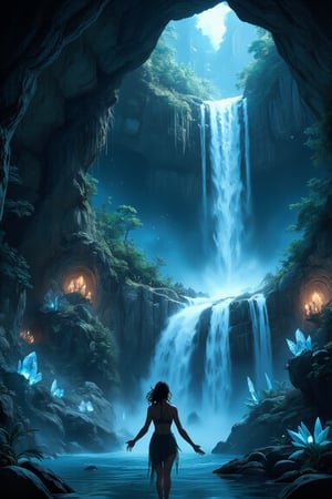 Masterpiece, professional, award-winning, intricate details, ultra high detailed, 64k, dramatic light, volumetric light, Mystical, hidden grotto with glowing crystals and ethereal nymphs, high-quality, magical, ethereal beauty, mythical creatures, serene ambiance, luminescent allure, hidden sanctuary:1.2, cascading waterfalls, shimmering reflections, whispered melodies, mythical encounters, tranquil haven, captivating serenity,ek_art_b00ster,anime,illustrated,
