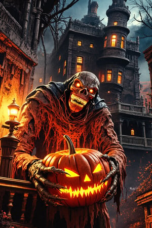 Masterpiece, professional, award-winning, intricate details, ultra high detailed, 64k, dramatic light, volumetric light, create an image of a menacing Jack-o'-Lantern in a Halloween costume, lurking outside a haunting house, clutching a pumpkin in its gnarled claws. The Jack-o'-Lantern's custom is a nightmarish creation, with tattered fabric, sharp fangs, and glowing eyes that pierce through the darkness. The haunting house looms behind, its weathered facade and broken windows adding to the eerie atmosphere. The pumpkin held by the monster is intricately carved with a wicked grin, its candlelight casting eerie shadows on the surroundings. photorealistic, realistic shadows. Showcasing incredible texture and detail. Rendered in high-quality, super-detailed textures. Meticulously illustrated. Adds creepy atmosphere in the image.