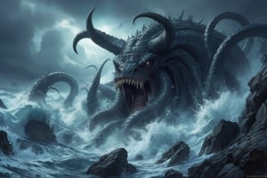 Masterpiece, professional, award-winning, intricate details, ultra high detailed, 64k, dramatic light, volumetric light, Legendary, horned kraken emerging from the depths of a stormy sea, high-quality, mythical creature, supernatural being, menacing, maritime, tentacles, mythical beast, tumultuous waters:0.9, shipwreck, colossal size, swirling tempest, seafaring legends, formidable presence, nautical chaos, 8k,ek_art_b00ster,anime,illustrated,