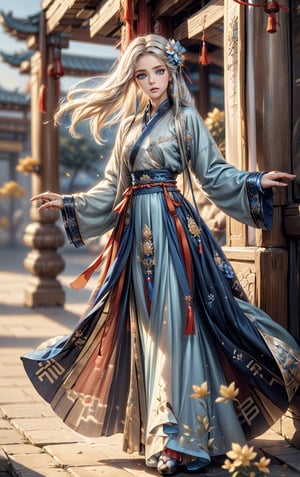 Highly qualified 8K style, HD, vibrant colors, 1girl, masterpiece, sharp focus, best quality, depth of field, cinematic lighting, {fantasy theme, Chinese style},1girl, long hair, white hair, blue eyes, masterpiece, best quality,chinese clothes, hanfu, long sleeves, blue dress, hair flower, blue flower,leonardo